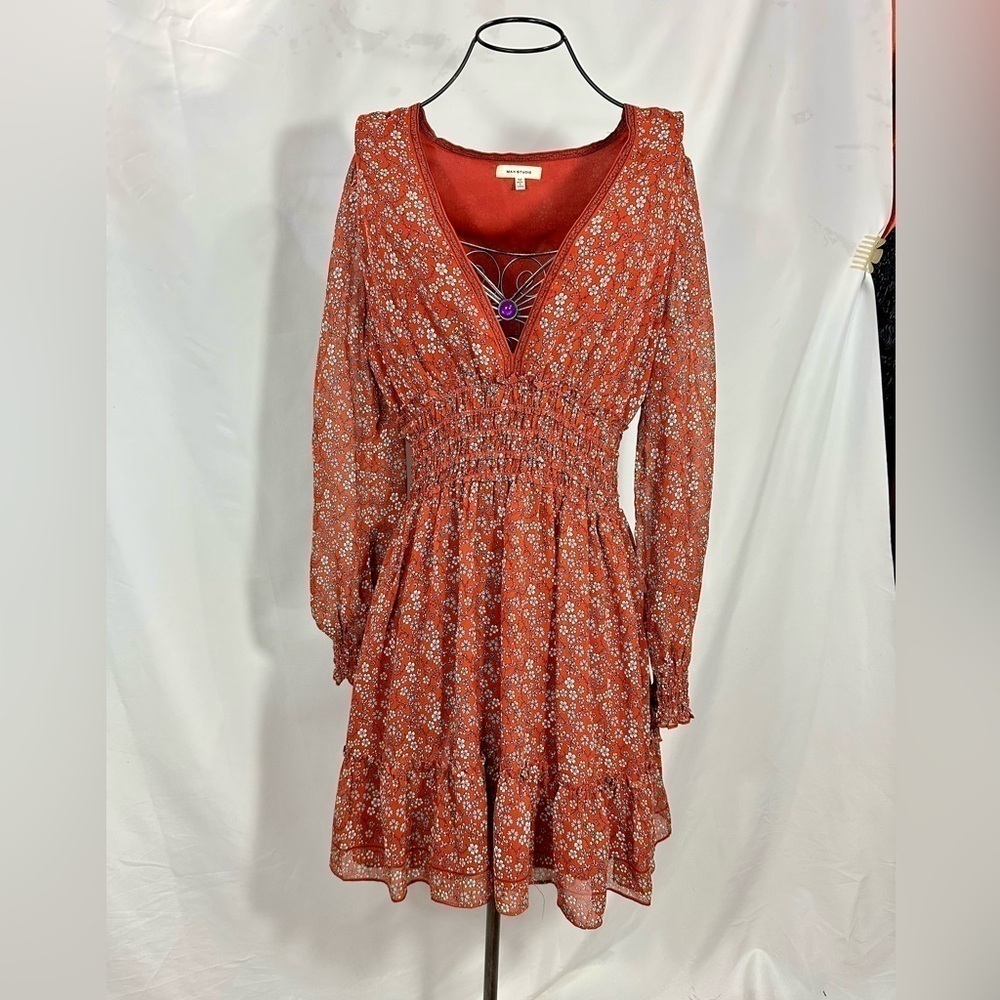 Max Studios rust floral long sleeve mini dress size M